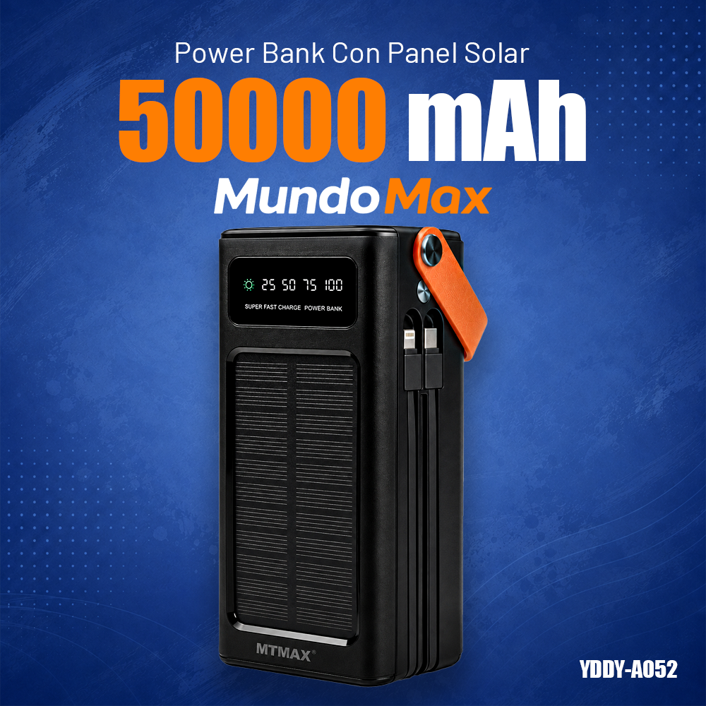 MTMAX Power Bank Solar 50000mAh con Carga Rápida 22.5W y Cables Integrados